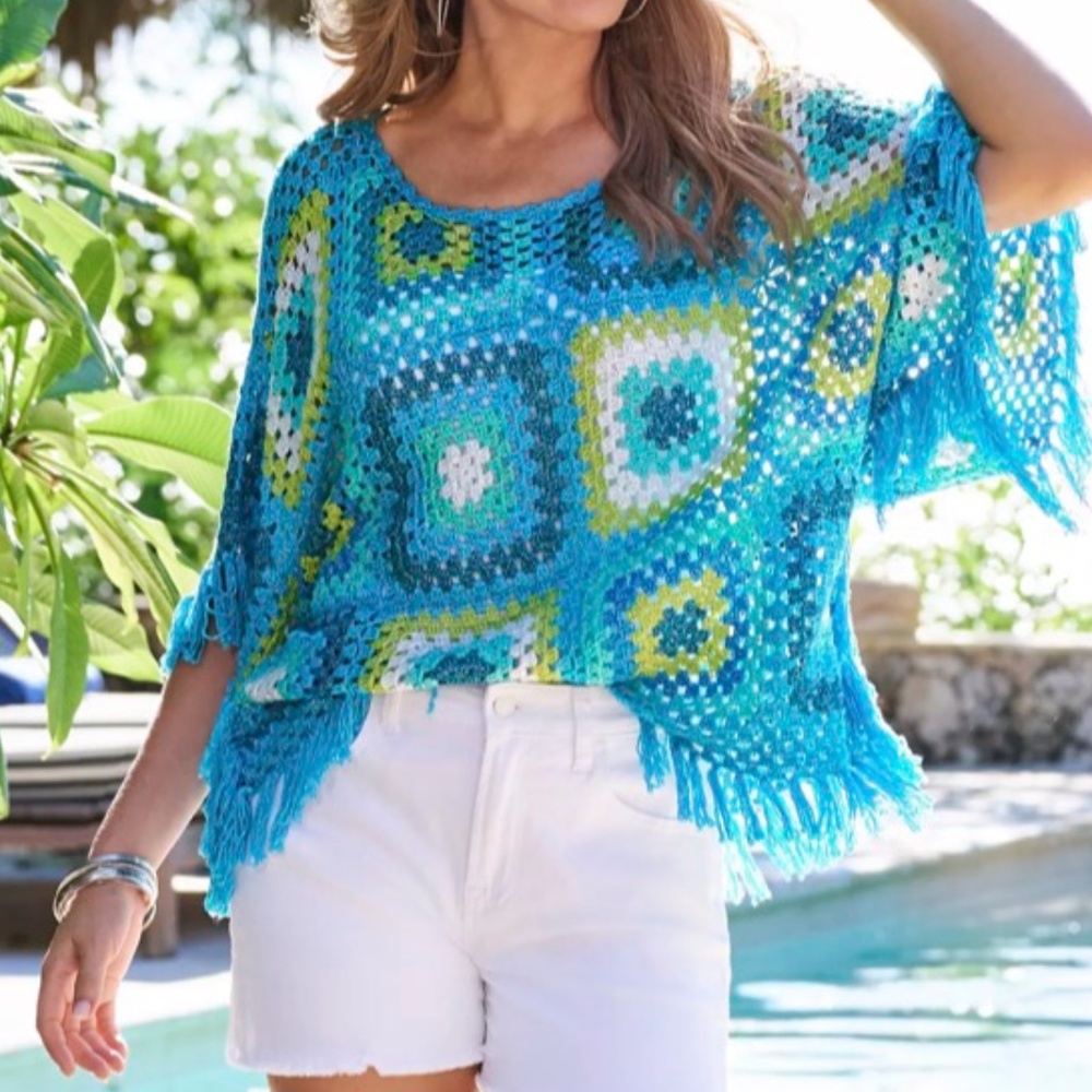 BOSTON PROPER - Lurex Slouchy Crochet Poncho with Fringe M/L
